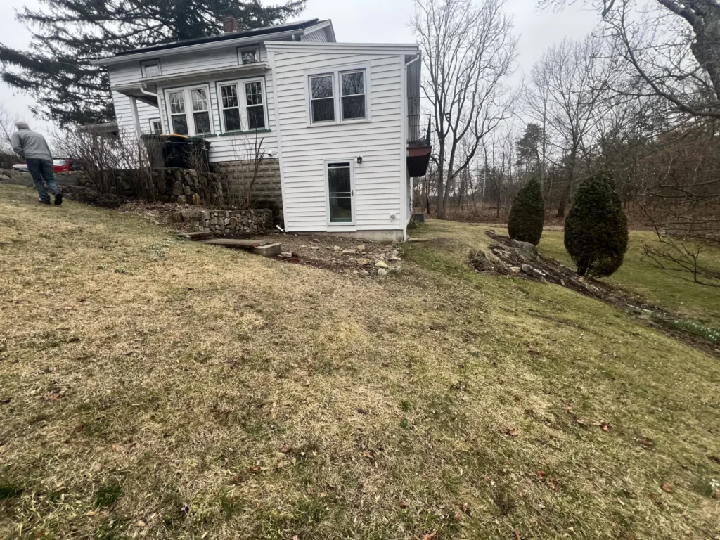Sloped Backyard Patio & Landscape Design in Framingham - Before