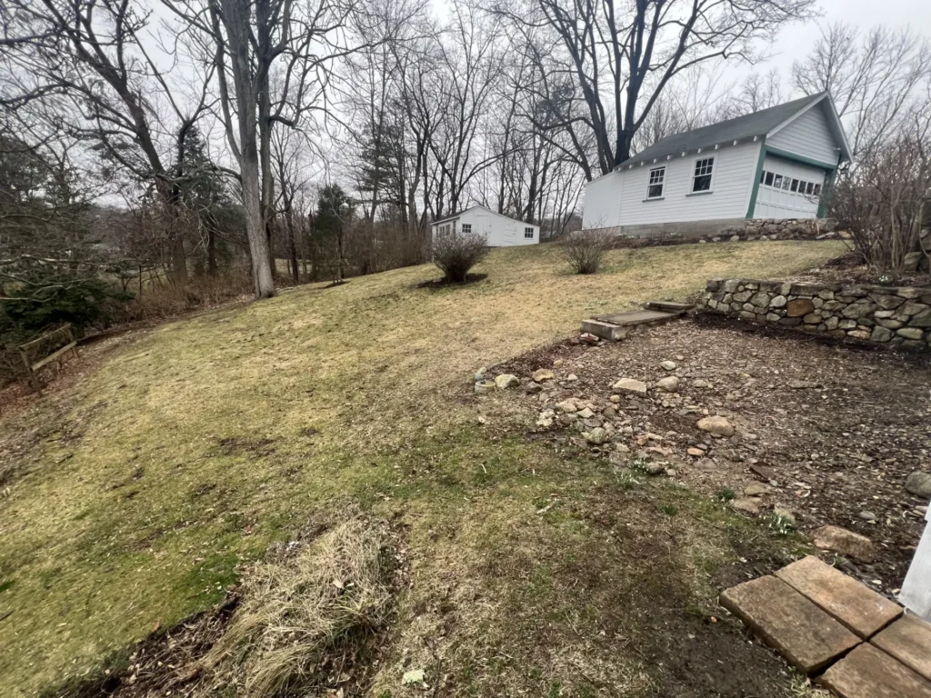 Sloped Backyard Patio & Landscape Design in Framingham - Before